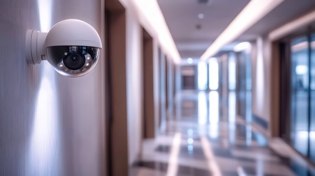 Security camera monitoring modern building corridor with elevator