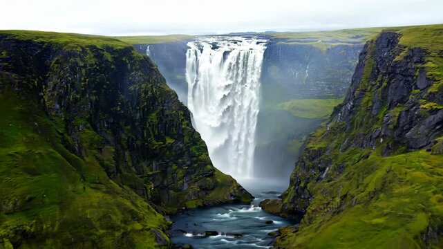 Stunning Aerial View of Glj�frab�i Waterfall Mist in Iceland's Dramatic Landscape