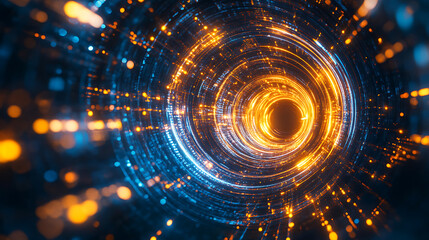 Obraz premium Digital Vortex: Abstract swirling tunnel of light, vibrant blue and orange hues, glowing particles, futuristic technology, energy, digital art, abstract background, cosmic, nebula, galaxy.