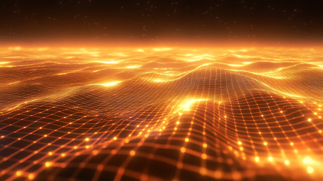 Golden Grid: Abstract landscape of glowing orange energy, digital grid pattern, futuristic and dynamic.  