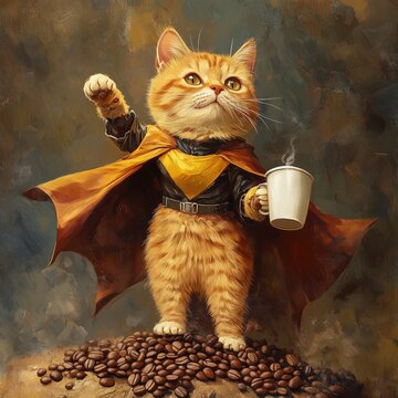 Katze in Heldenpose mit Umhang und Kaffeetasse