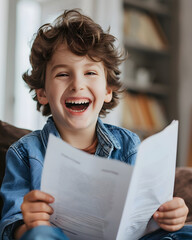 a 8 years old boy holding a white magazine of paper in hands laughinginto the camera, Generated Ai