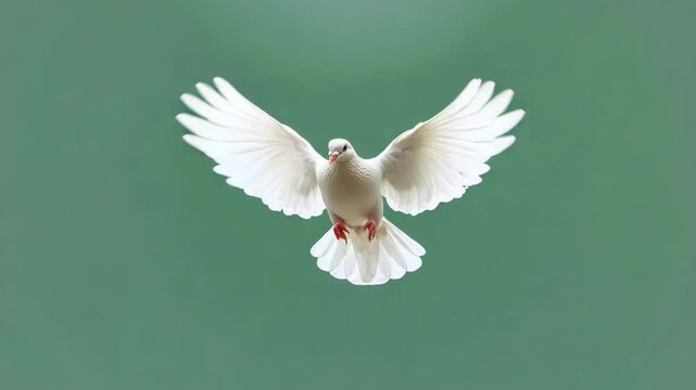 Dove isolated on green screen background. White pigeon flapping its wings cut out on chroma key backdrop. Domestic bird symbolic of new beginnings, peace, fidelity, love, luck and prosperity.