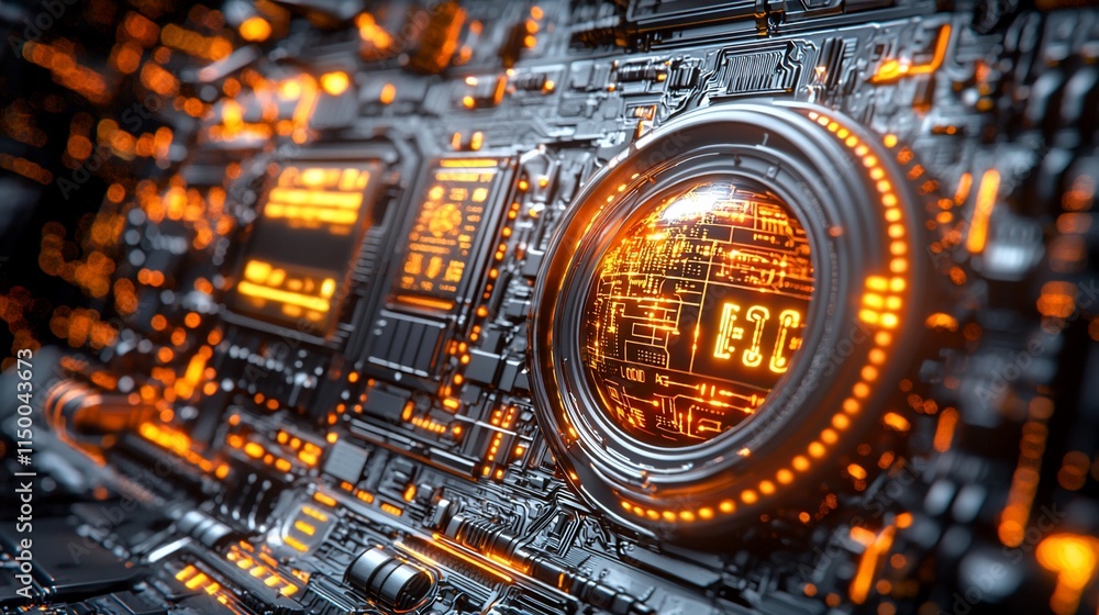 Poster futuristic technology circuit board glowing orb display