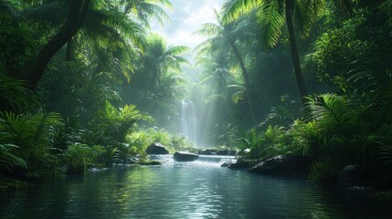 Obraz premium Lush jungle waterfall, tranquil stream.