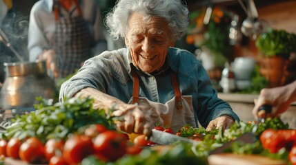 A group of seniors in a cooking class, laughing as they chop vegetables and share stories while preparing a delicious meal together. 