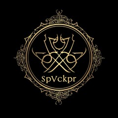Goldcolored pentagram nested design surrounded an ornate border bearing text spvckpr stylized font black background