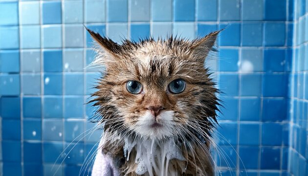 Generated image Funny grumpy wet cat after shower. Cute adorable kitten is mad angry to take a bat