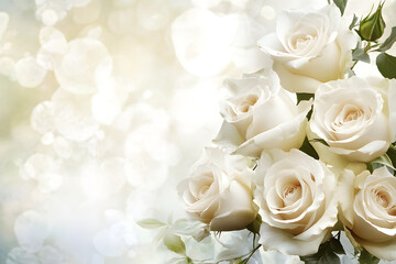 Obraz premium Elegant bouquet of white roses with a soft bokeh background, symbolizing purity, love, grace, and timeless beauty, perfect for weddings, romance, and serene