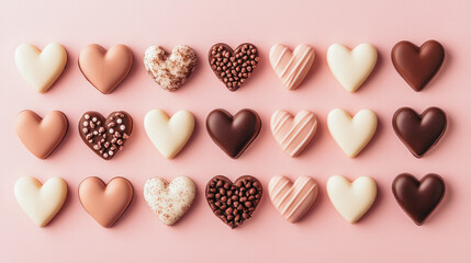 Fototapeta premium A row of chocolate hearts with pink and white frosting