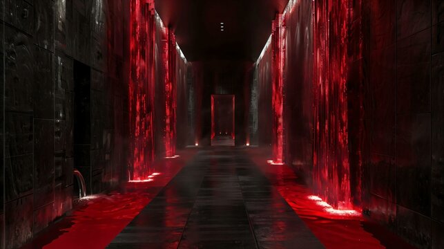 Dark corridor red theme featuring waterfall liquid both sides double door end exuding an eerie atmosphere
