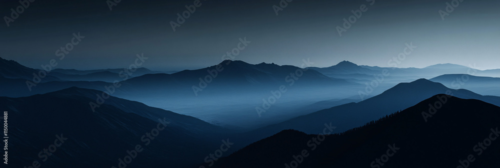 Poster silhouetted mountain range in total darkness, with only the fog at its base faintly highlighted in p