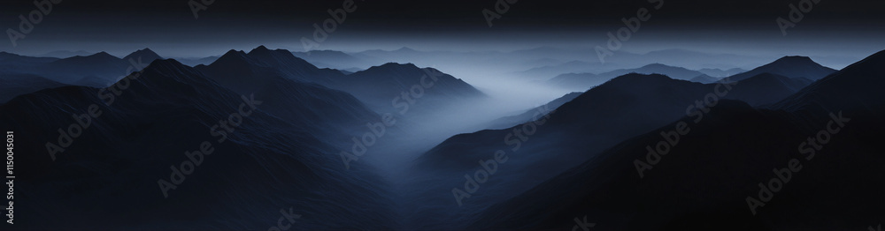 Poster silhouetted mountain range in total darkness, with only the fog at its base faintly highlighted in p