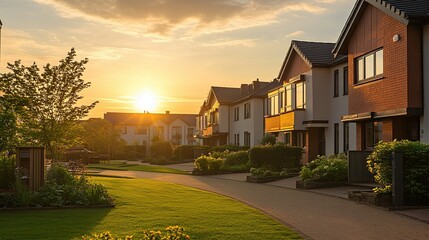 86. Residential area, terraced house at sunset. Creative background with buildings perfect for real estate agent website.