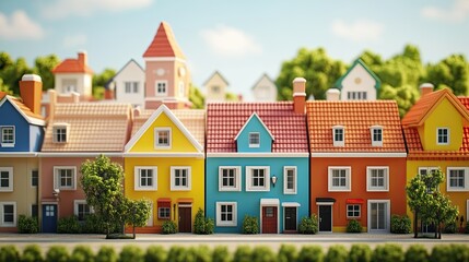 Fototapeta premium Residential area with colorful cute houses. Creative background with building perfect for real estate agent website. Concept: Buying new house, perfect family home