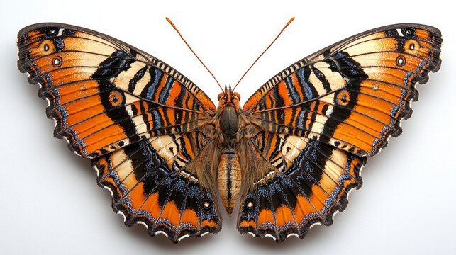 striking two tailed pasha butterfly Charaxes jasius is perched gracefully against white backdrop. Its bold orange and black patterns showcase beauty of species in exquisite detail.