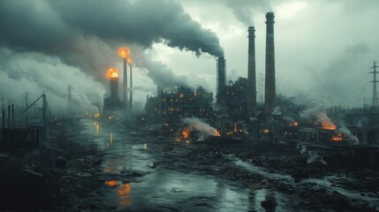 Polluted industrial landscape; dark, smoky, fiery.