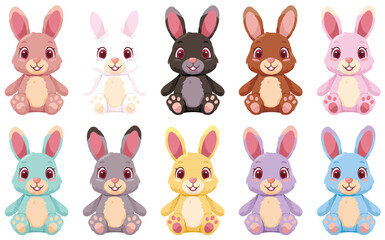 座っている可愛いうさぎのぬいぐるみイラストカラバリセット