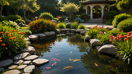 Fototapeta premium A Tranquil Japanese Zen Garden Featuring a Peaceful Koi Pond Stone Paths and Lush Greenery