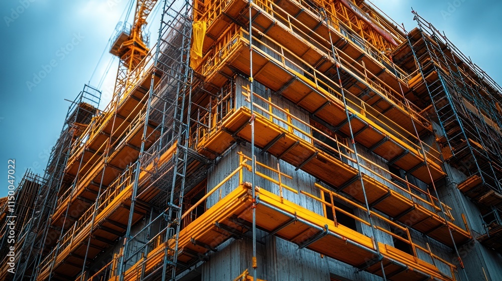Poster high-angle view of a building under construction, showing scaffolding and a crane.