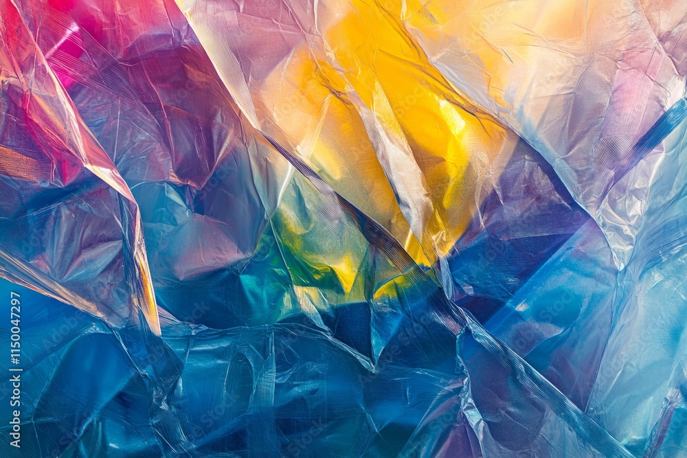 Poster wrinkled holographic plastic wrap creating a vibrant texture with colorful light reflections and sha