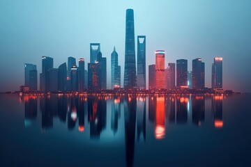 Obraz premium A stunning city skyline at dusk, featuring illuminated skyscrapers reflecting on water, creating a serene and futuristic atmosphere.