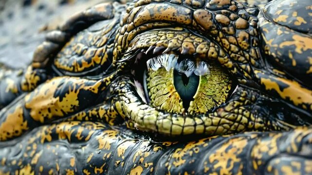 Close-up of a crocodile's eye and textured skin.