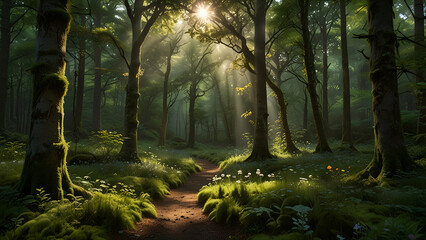 Obraz premium Stunning Rays of Sunlight Piercing Through the Canopy Illuminating a Lush Green Forest Landscape