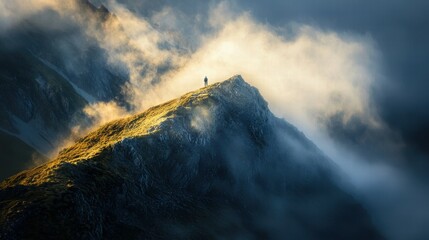 Solitary Hiker Standing on Mountain Peak Surrounded by Mystic Fog