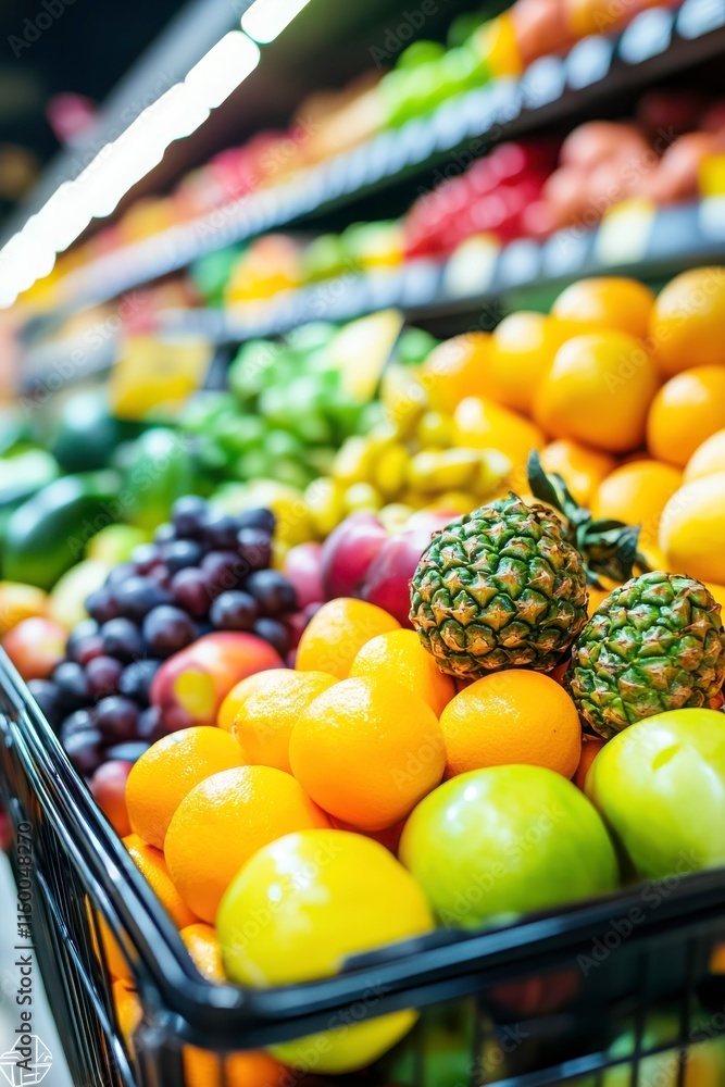Poster a vibrant display of assorted fruits in a grocery store setting.