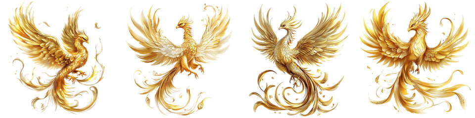 Obraz premium Four golden birds with wings spread out