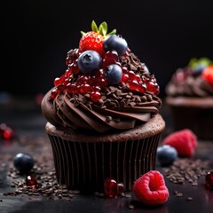 Luxurious chocolate cupcake with glossy dark chocolate ganache and a cluster of mixed berries on top, rich and indulgent, perfect for fine dining 