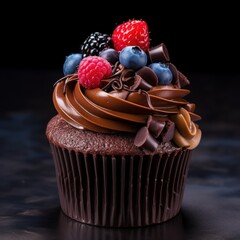 Decadent Chocolate Cupcake with Mixed Berries and Chocolate Curls