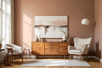 Modern living room with an armchair, wooden sideboard, and artwork on a light mocha mousse-colored wall.