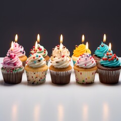 Row of Lit Birthday Cupcakes | Colorful Sweet Treats with Burning Candles