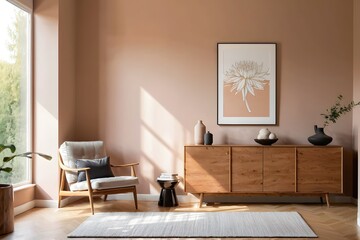 Fototapeta premium Modern living room with an armchair, wooden sideboard, and artwork on a light mocha mousse-colored wall.