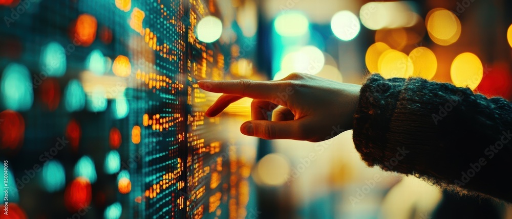 Poster touching a digital screen with colorful data and bokeh lights in background