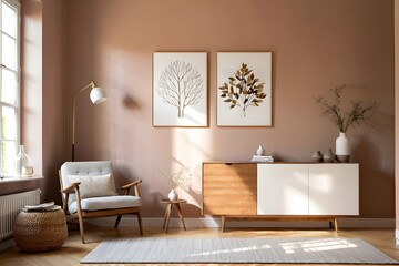 Fototapeta premium Modern living room with an armchair, wooden sideboard, and artwork on a light mocha mousse-colored wall.