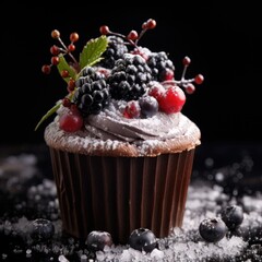 Rustic Chocolate Muffin with Frosted Berries | Cozy Winter Treat

