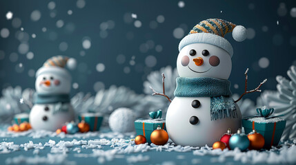 Cute snowman in knitted hat and scarf with colorful gifts and Christmas tree balls on blue background. Cozy winter illustration. Happy New Year, Merry Christmas vintage postcard. Copy space.