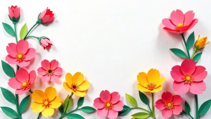 Papercut floral composition, white background, flowers along the edges, frame for potscards, invitation, copy space, place for text, horizontal. 8th March concept