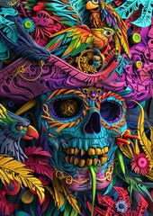 Vibrant 3D artwork featuring skull adorned jewelry parrots surrounded riot colorful flowers leaves blues purples pinks