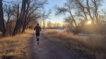 Man Running on Scenic Trail at Sunrise by Water and Trees