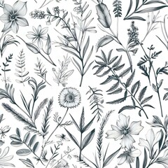 Simple lineart pattern flowers foliage black white creating seamless elegant design sense depth texture