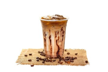 Mocha ice coffee serving with chocolate sauce and put on sack in white background and isolate concept.