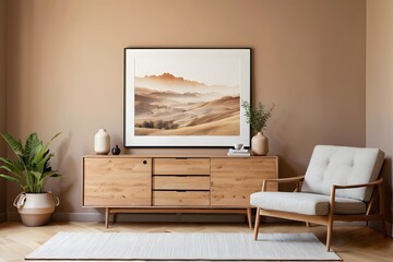 Modern living room with an armchair, wooden sideboard, and artwork on a light mocha mousse-colored wall.
