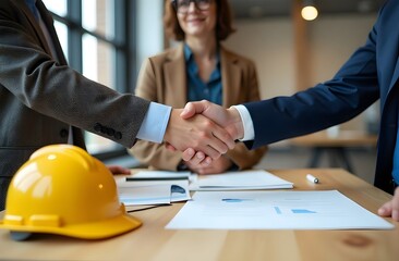 Two professionals, an engineer and a businessman, shake hands firmly in front of a contract and a blueprint
