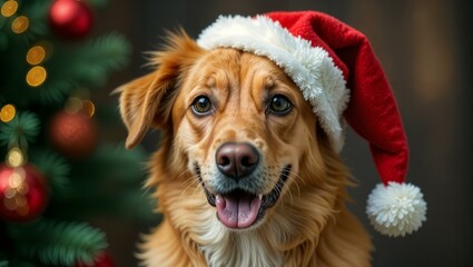Golden retriever happy dog with Santa`s hat looking at camera, New year or Christmasconcept, shelter, animal nursery poster, banner., pet animal