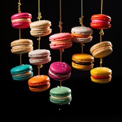 Hanging Colorful Macarons, Elegant Dessert Display on Black