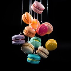 Hanging Colorful Macarons, Elegant Dessert Display on Black